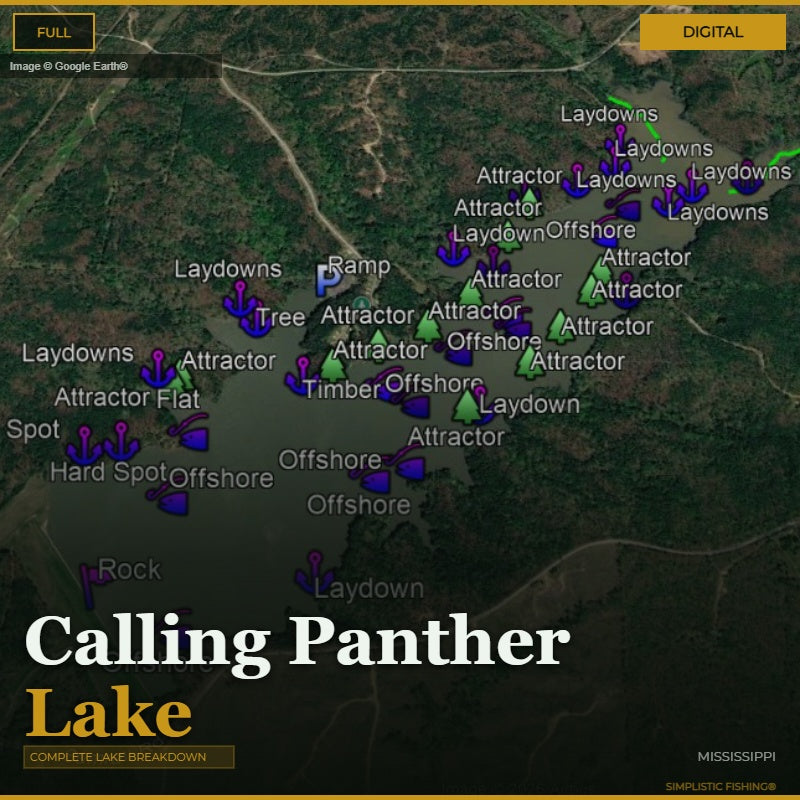 Map of a lake with various fishing spots labeled, including 'Calling Panther Lake'.