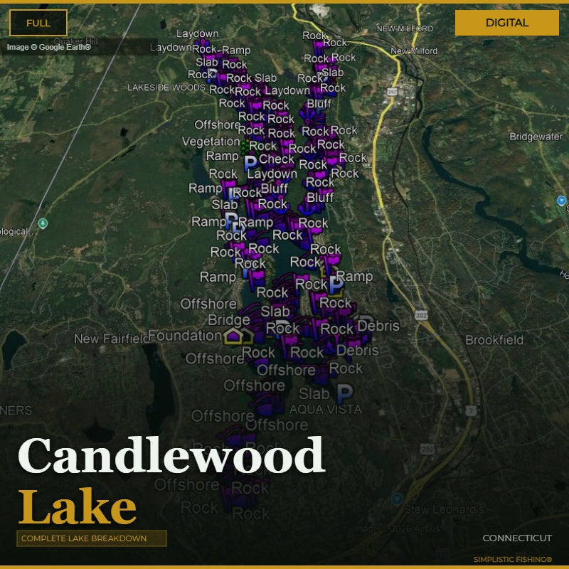 Map of Candlewood Lake with fishing spots marked, featuring a digital overlay.