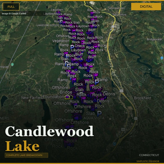 Map of Candlewood Lake with fishing spots marked, featuring a digital overlay.