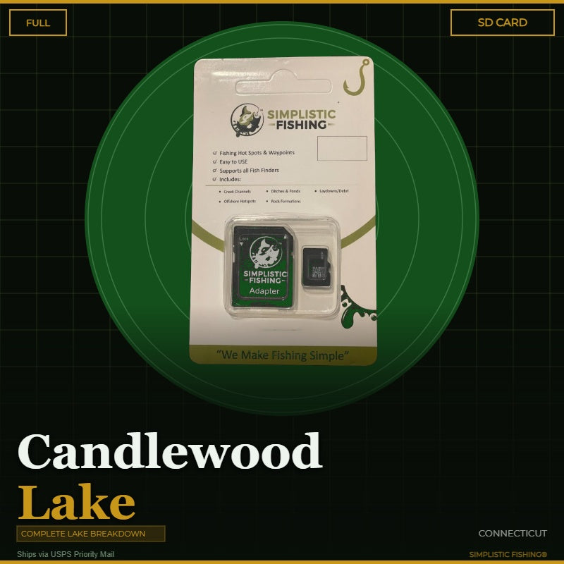 Packaging of Simplistic Fishing product with 'Candlewood Lake' text on a green circle background