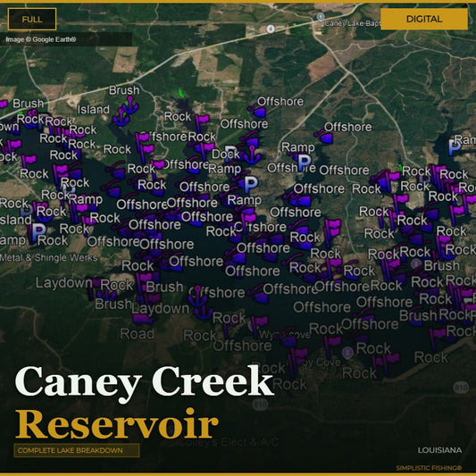 Map of Caney Creek Reservoir with fishing spots marked on a digital display.