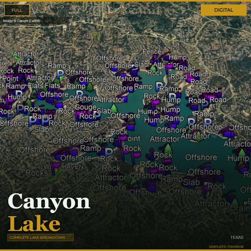 Map of Canyon Lake with various fishing spots labeled on a digital display.
