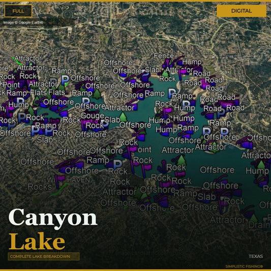 Map of Canyon Lake with various fishing spots labeled on a digital display.