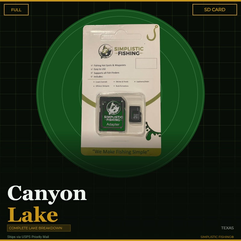 Packaging of Simplistic Fishing SD card and adapter on a green background with 'Canyon Lake' text.