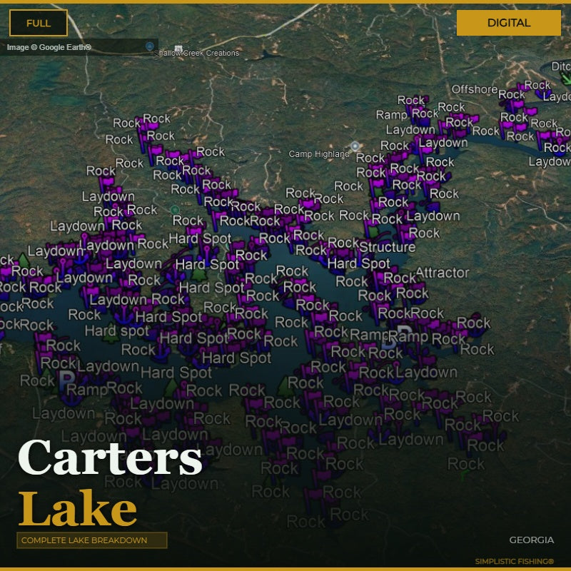 Map of Carters Lake with fishing spots labeled on a digital interface.