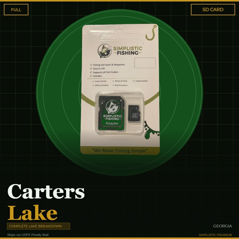 Packaging of Simplistic Fishing product on a green and black background with 'Carters Lake' branding.