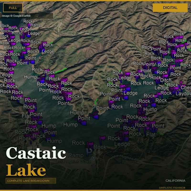 Map of Castaic Lake with various landmarks labeled on a digital interface.