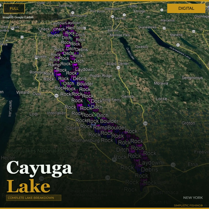 Map of Cayuga Lake with various labels and a digital overlay