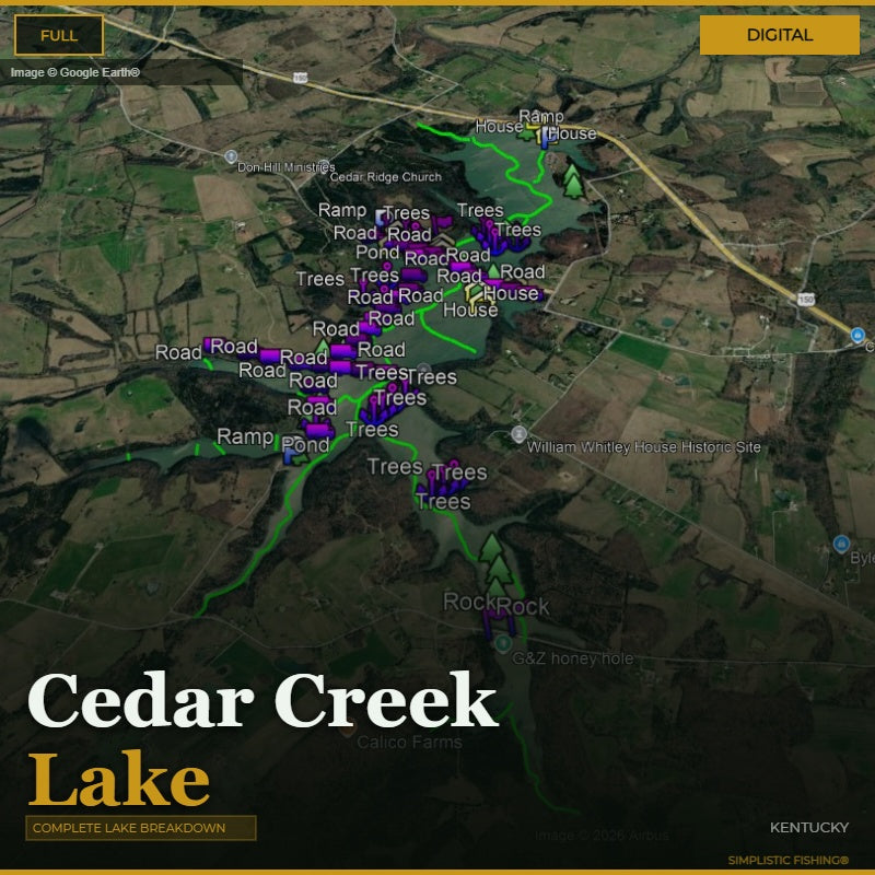 Map of Cedar Creek Lake with labeled features and roads.
