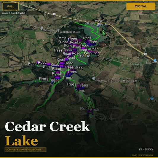 Map of Cedar Creek Lake with labeled features and roads.