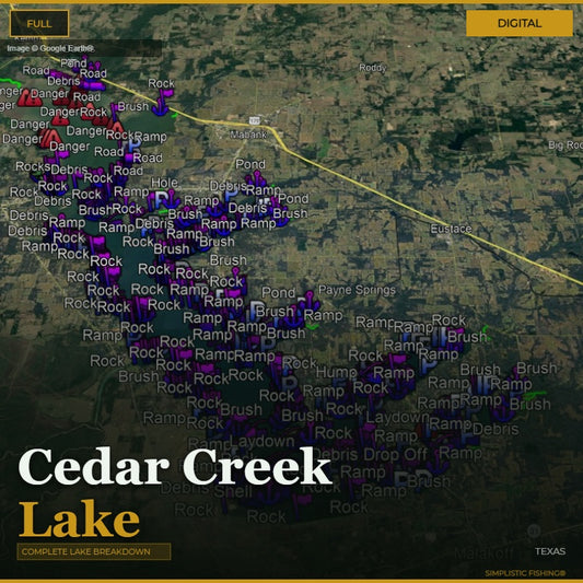 Map of Cedar Creek Lake with various markers and labels on a digital display.