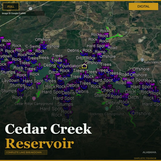 Map of Cedar Creek Reservoir with fishing spots marked on a digital display.