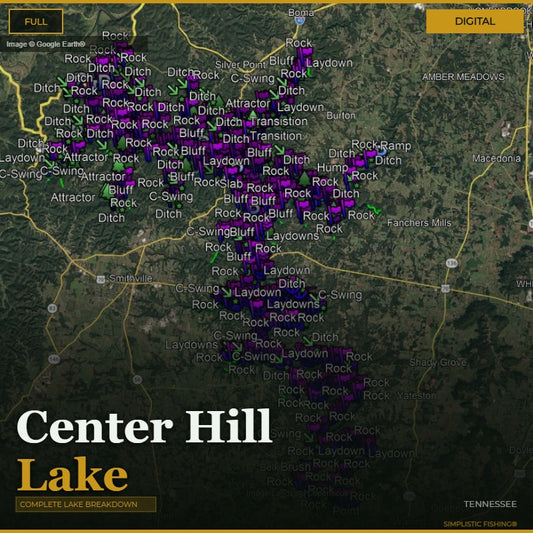 Map of Center Hill Lake with various fishing spots marked on a digital display.
