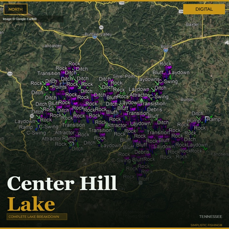 Map of Center Hill Lake with various fishing spots marked on a digital interface.