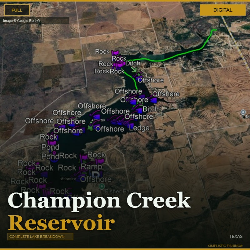 Map of Champion Creek Reservoir with fishing spots marked on a digital display.