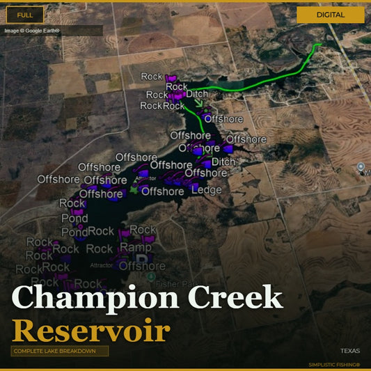 Map of Champion Creek Reservoir with fishing spots marked on a digital display.