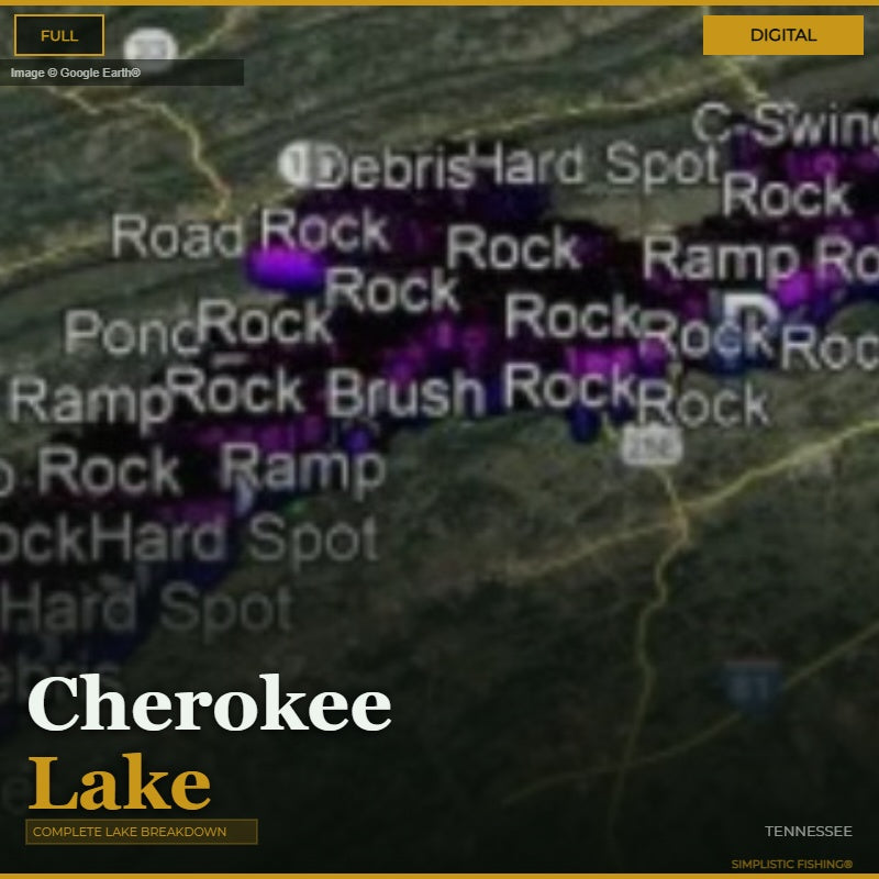 Map of Cherokee Lake with various labels on a dark background