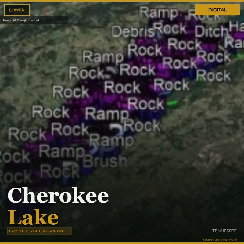 Map of Cherokee Lake with labels for features like ramps, rocks, and brush.