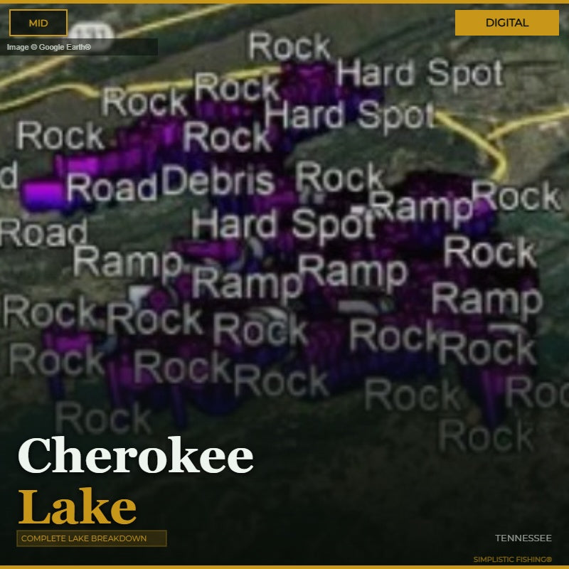 Map of Cherokee Lake with text indicating terrain features and lake name.