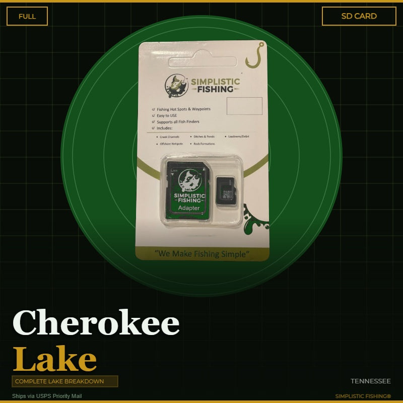 Packaged product for Simplistic Fishing on a green circle with 'Cherokee Lake' text.