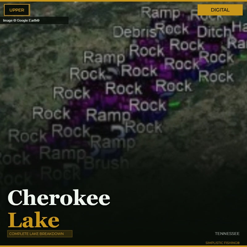 Map of Cherokee Lake with labels for features like 'Rock' and 'Ramp', set against a dark background.