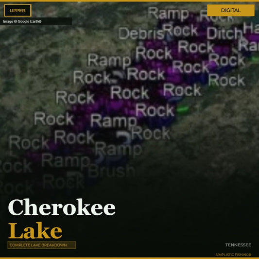 Map of Cherokee Lake with labels for features like 'Rock' and 'Ramp', set against a dark background.