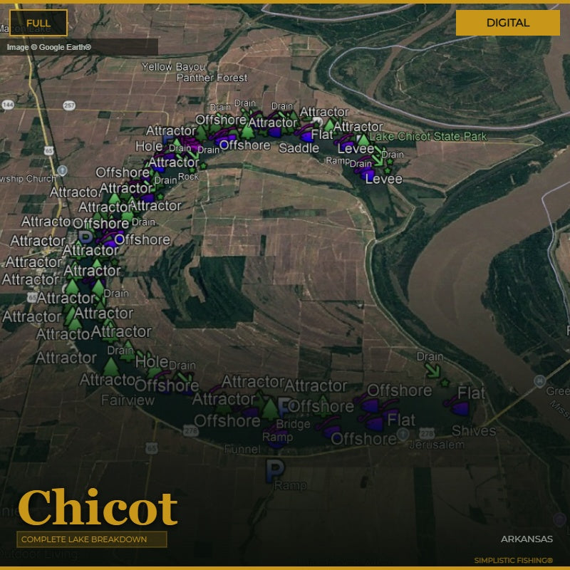 A digital map-style graphic labeled 'Chicot' with satellite imagery of a lake and surrounding land, overlaid with repeated 'Attractor' labels and several purple and green marker clusters. The image appears to be a digital preview rather than a physical product photo.