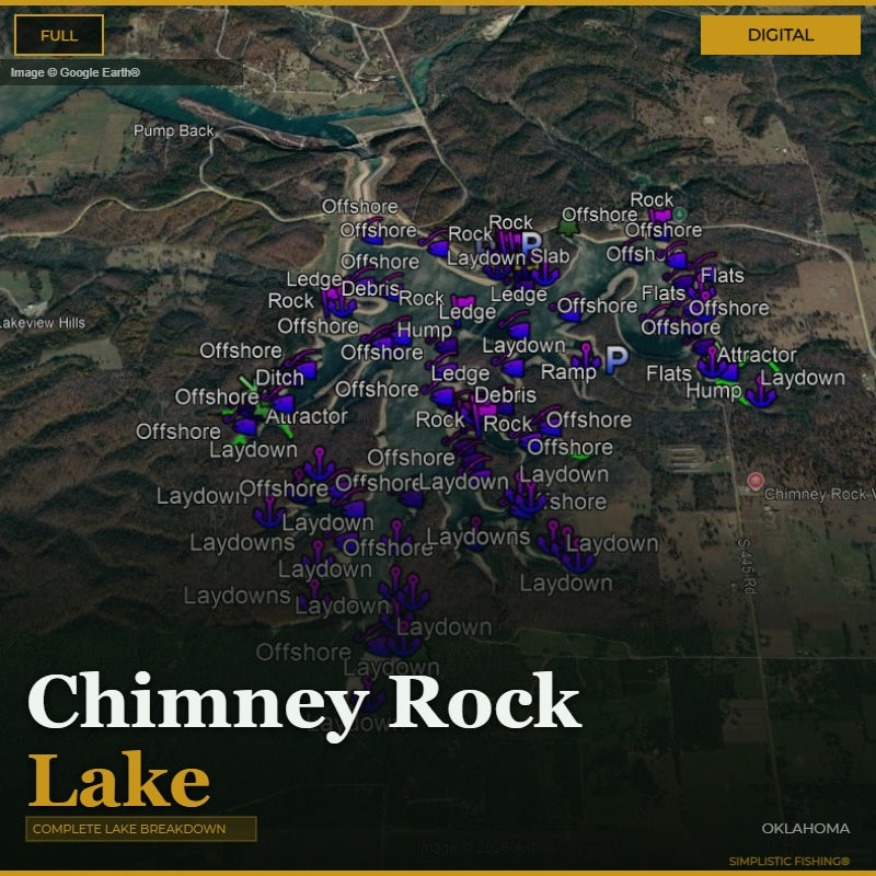 Map of Chimney Rock Lake with fishing spots marked on a digital display.
