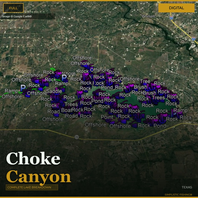 Map of Choke Canyon with various markers indicating different types of terrain and obstacles.