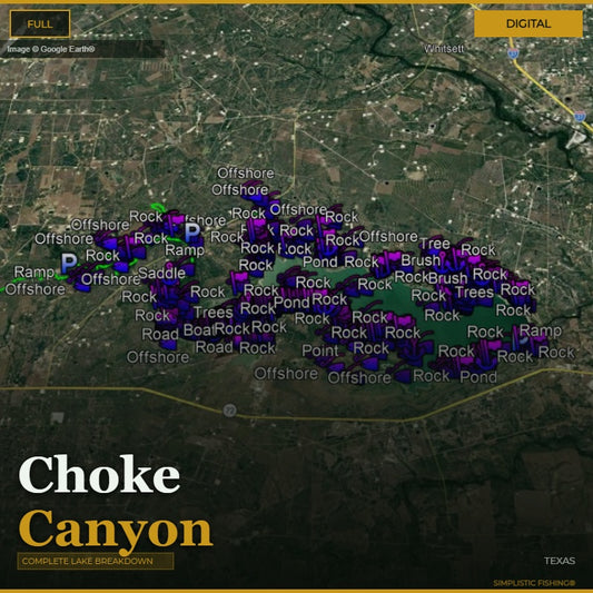 Map of Choke Canyon with various markers indicating different types of terrain and obstacles.
