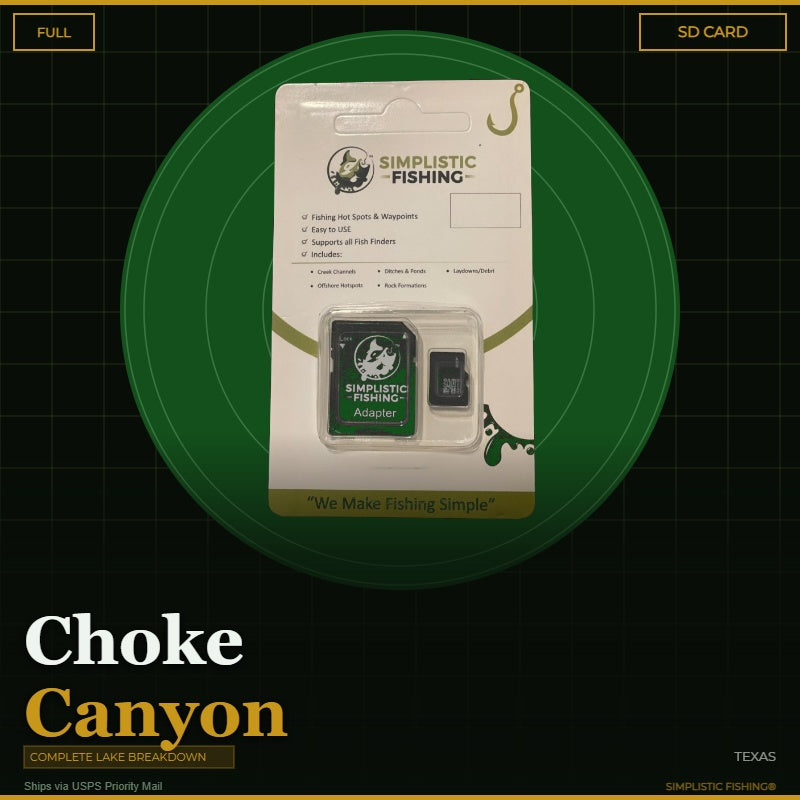Packaging of Simplistic Fishing SD card and adapter on a green background