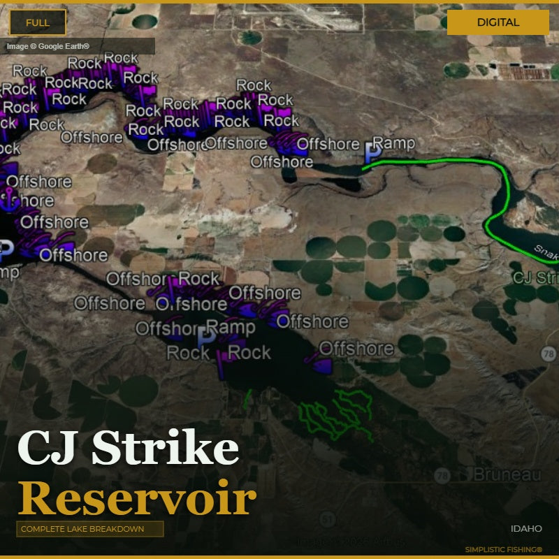 Map of CJ Strike Reservoir with labeled features and a green line indicating a route.