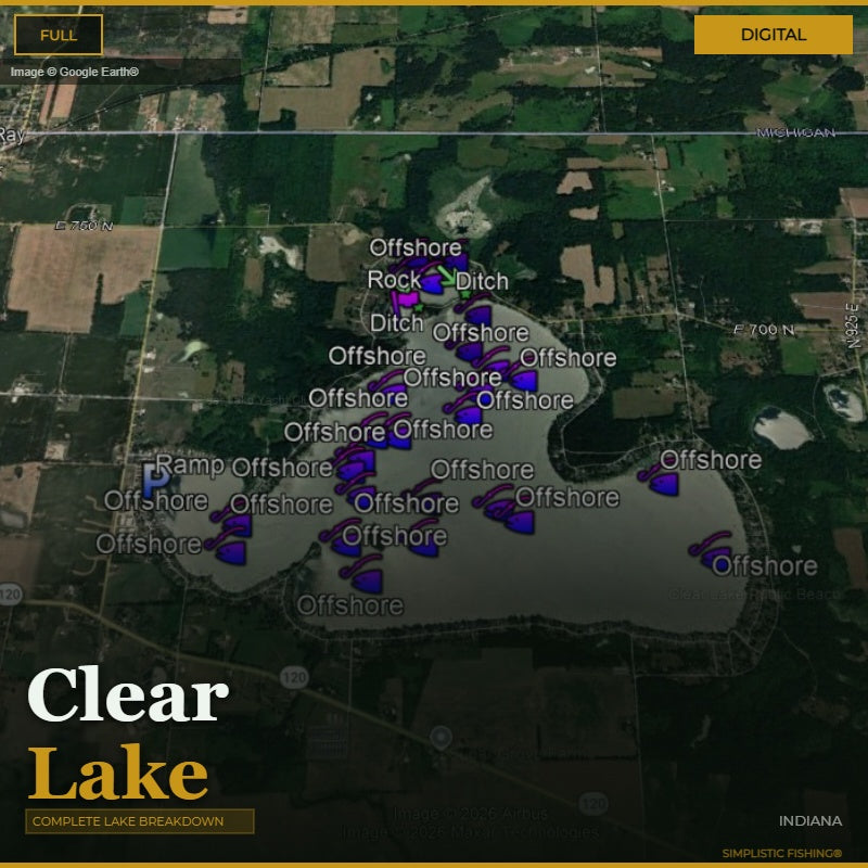 Map of Clear Lake with fishing spots marked on a digital interface