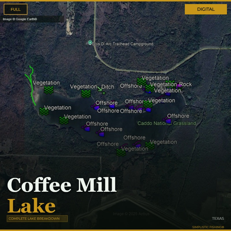 Map of Coffee Mill Lake with various labels on a digital display