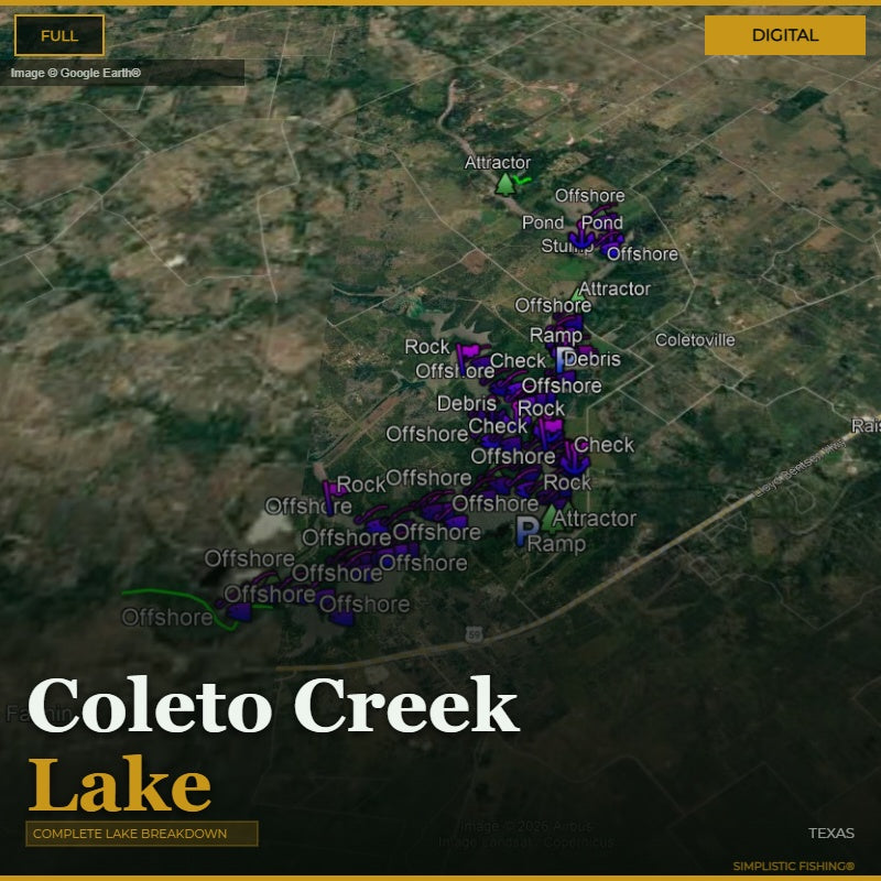 Map of Coleto Creek Lake with various fishing spots marked on a digital interface.