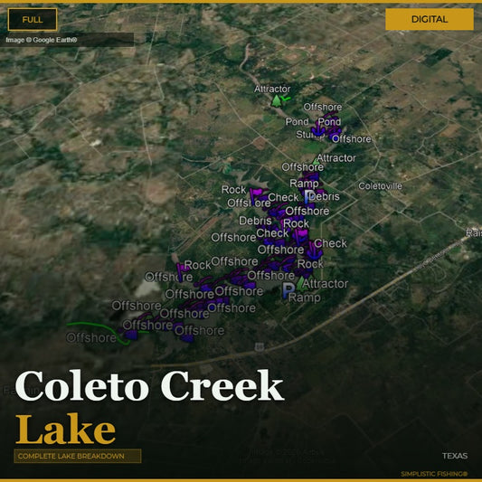 Map of Coleto Creek Lake with various fishing spots marked on a digital interface.