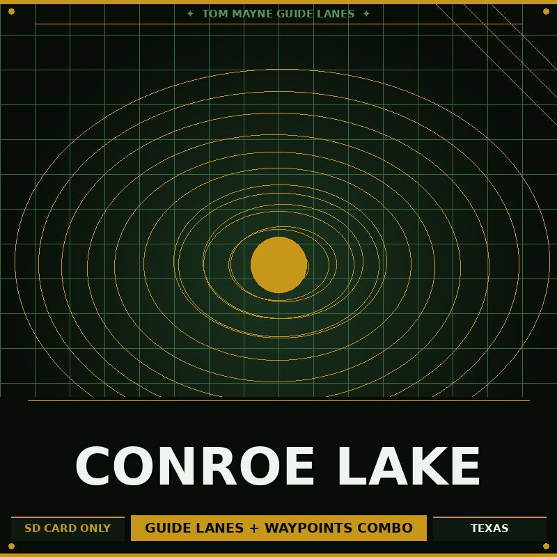Map of Conroe Lake with concentric circles and text on a dark background