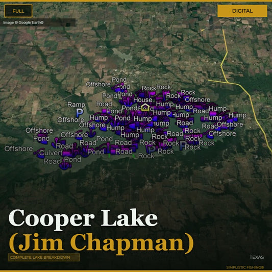 Map of Cooper Lake with various labels and markers on a digital display.