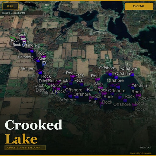 Map of Crooked Lake with fishing spots labeled on a digital display.