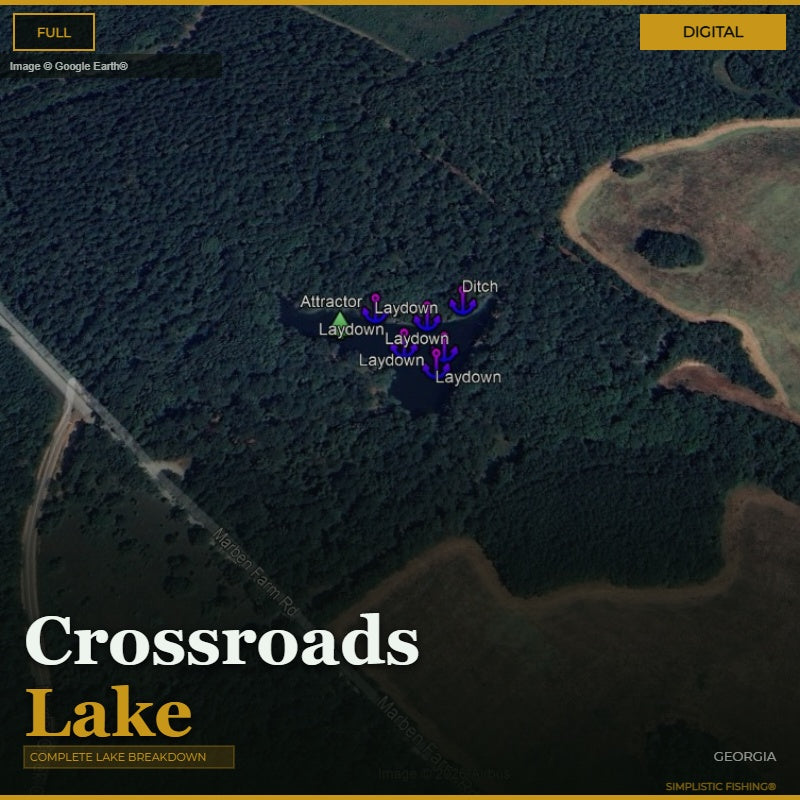 A map of Crossroads Lake with labeled features on a digital background