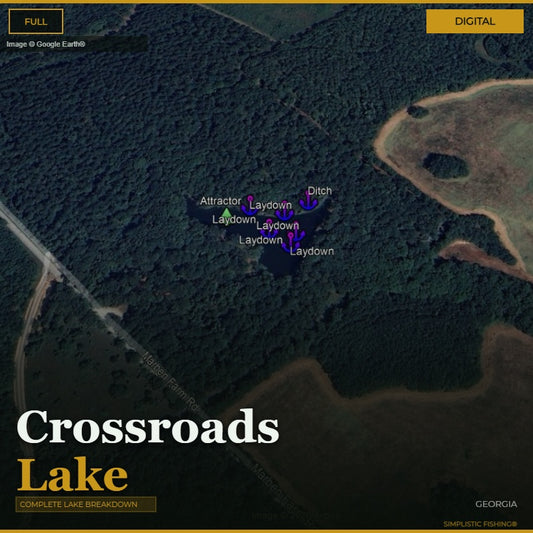 A map of Crossroads Lake with labeled features on a digital background