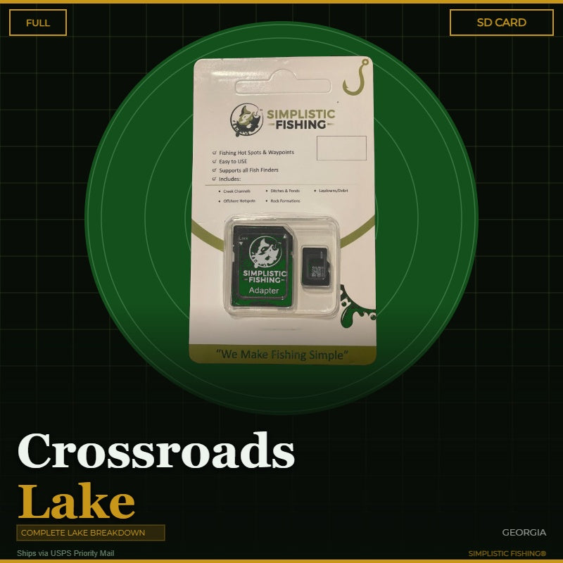 Packaging of Simplistic Fishing products on a green and black background with 'Crossroads Lake' text.