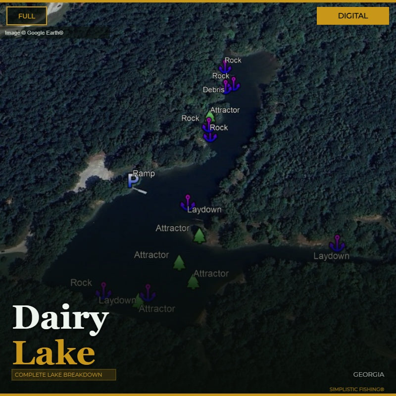 Map of Dairy Lake with various fishing spots marked on a digital interface