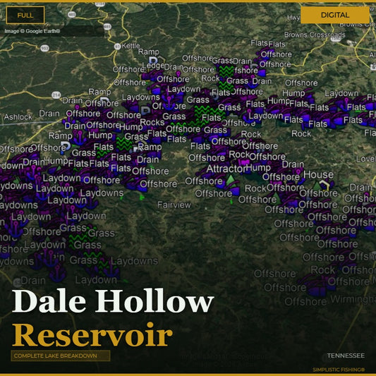 Map of Dale Hollow Reservoir with various fishing spots labeled.