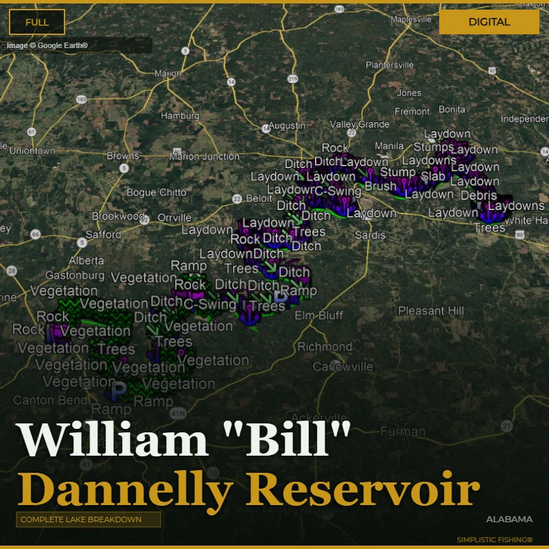 Map of Bill Dannelly Reservoir (Millers Ferry), Alabama with bass fishing waypoints and structure labeled on a digital display.
