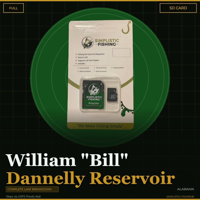 Simplistic Fishing SD card packaging on a green circle with 'William "Bill" Dannelly Reservoir' text.