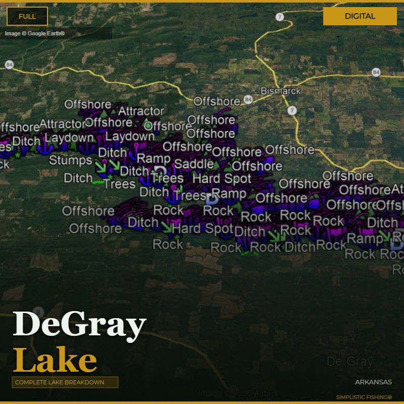 Map of DeGray Lake with fishing spots labeled on a digital interface