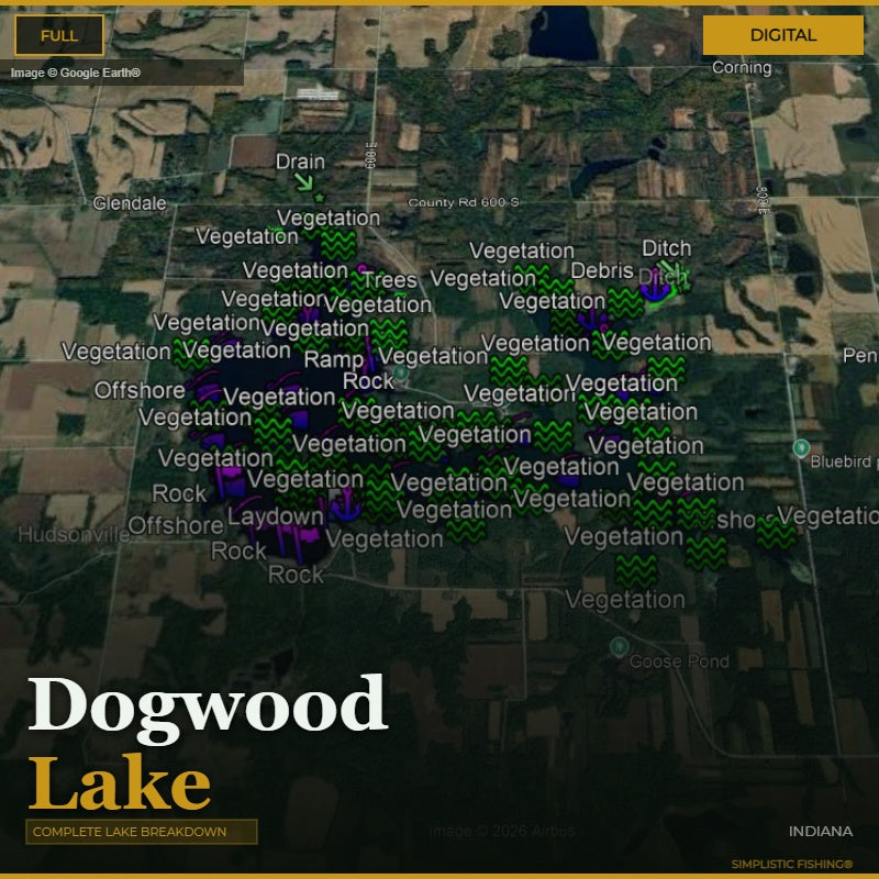 Map of Dogwood Lake with labels for vegetation, drainage, and other features.