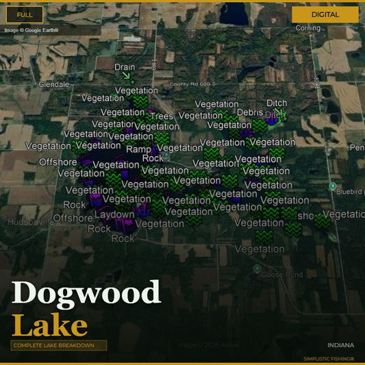 Map of Dogwood Lake with labels for vegetation, drainage, and other features.