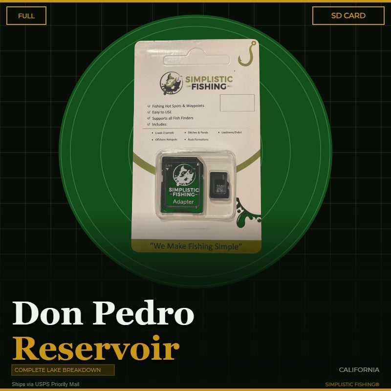 Simplicistic Fishing Adapter kit in its original retail blister packaging, displayed against a dark green circular graphic background with 'Don Pedro Reservoir' text at the bottom.